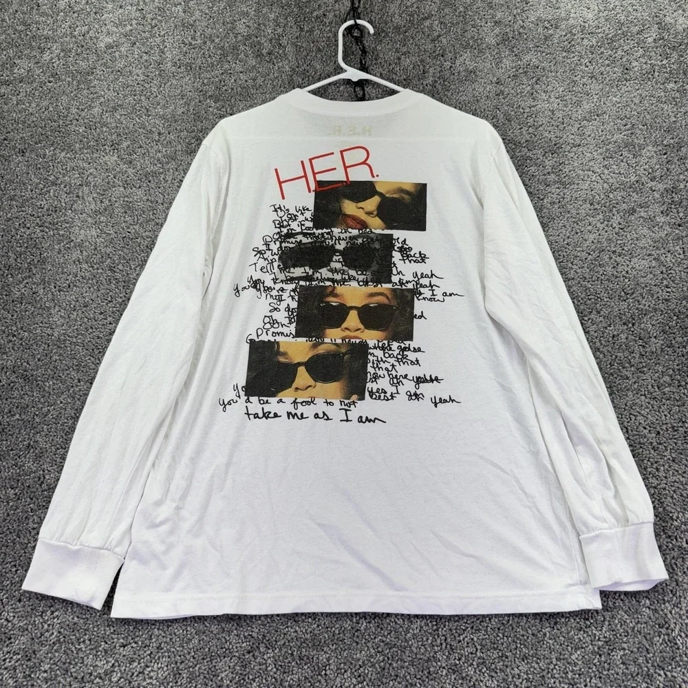 H.E.R. Shirt Mens Large White Long Sleeve Portrait Graphic Tee Band Music